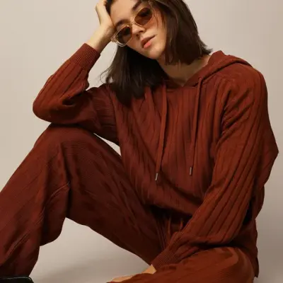 Brown Rib-Knit Co-ord Set Pullover