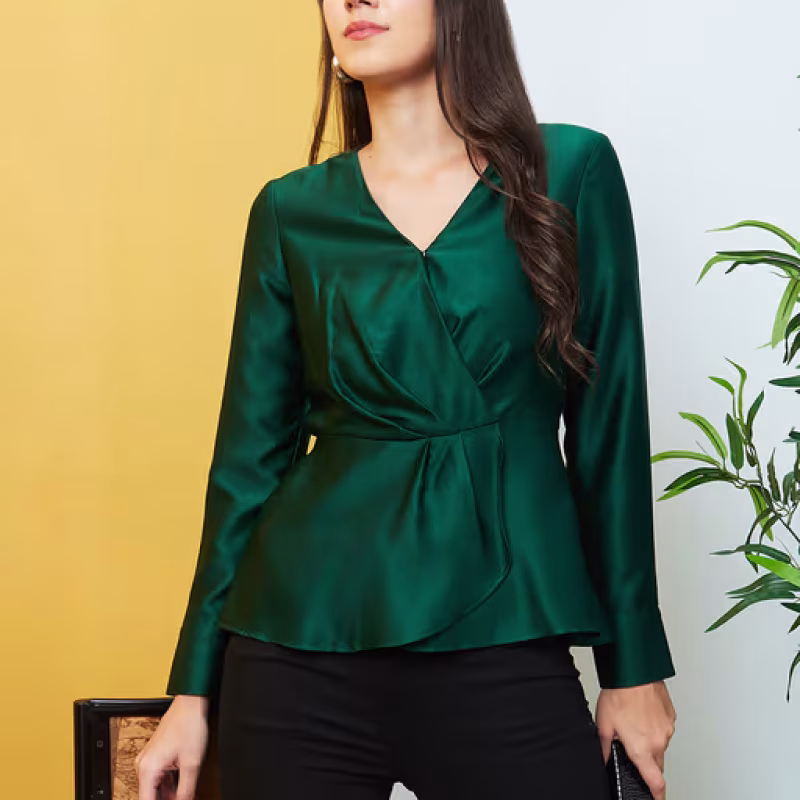 Women Long Cuffed Sleeves V-Neck Wrap Party Top