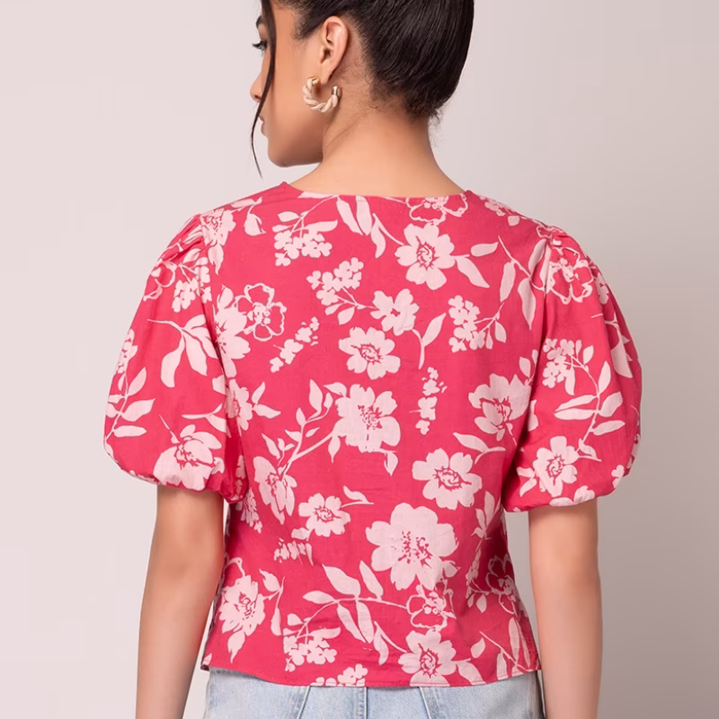 Hot Pink Floral Print Puff Sleeve Cotton Top
